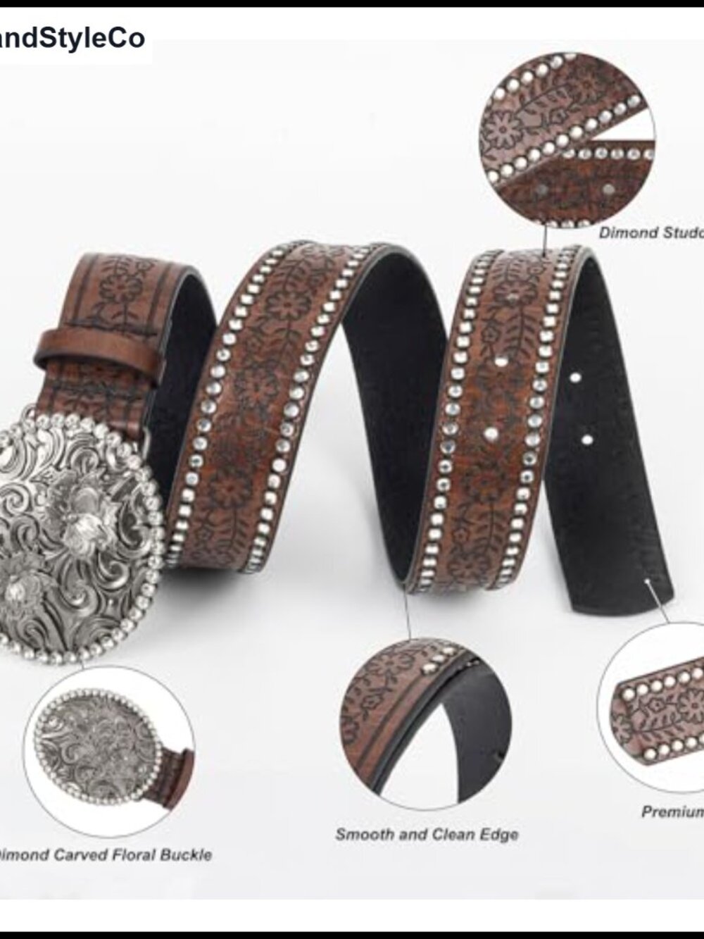 PU-Leather Floral Western Belt Diamond Buckle Cowgirl Belt for Women 28-38 Waist - Picture 2 of 6